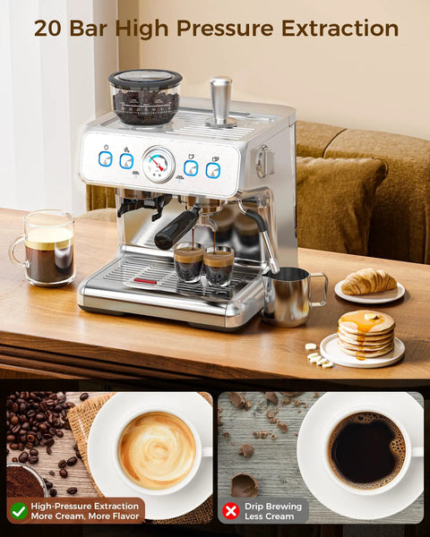 Kickin Home Espresso Maker With Built In Conical Burr Grinder And Fast Steam Wand Milk Frother on kitchen counter with coffee.
