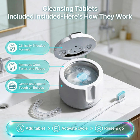 Ultrasonic Retainer Cleaner Pro With UV Light Rechargeable Dental Pod For Mouthguards Dentures And Aligners Three Cleaning Modes Quick Deep Gentle Tablets Included on bathroom counter