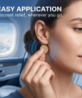 Motion Sickness Patches 40 Count Non Drowsy Relief For Travel By Car, Plane, Or Cruise Ships Lasts 72 Hours Mint Scent With Breathable Adhesive Backing Easy On Skin For Adults And Kids Aged 4 Plus Must Have Travel Gear. Woman applying patch behind ear on airplane