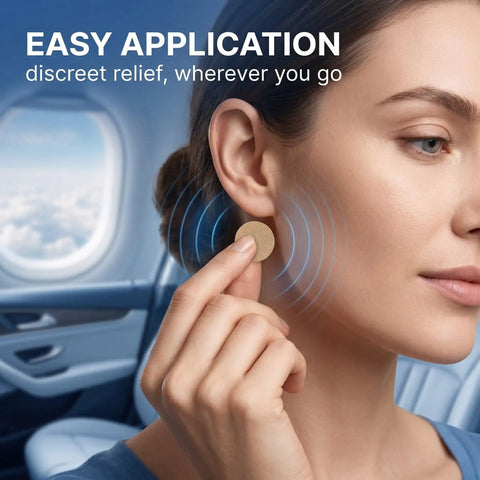 Motion Sickness Patches 40 Count Non Drowsy Relief For Travel By Car, Plane, Or Cruise Ships Lasts 72 Hours Mint Scent With Breathable Adhesive Backing Easy On Skin For Adults And Kids Aged 4 Plus Must Have Travel Gear. Woman applying patch behind ear on airplane