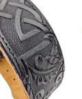 Heavy Leather Dog Collar Featuring Hand Carved Celtic Chain Design And Plush Suede Backing Tailored For Large Pooches 14 To 18 Inches Wide close-up of intricate carving