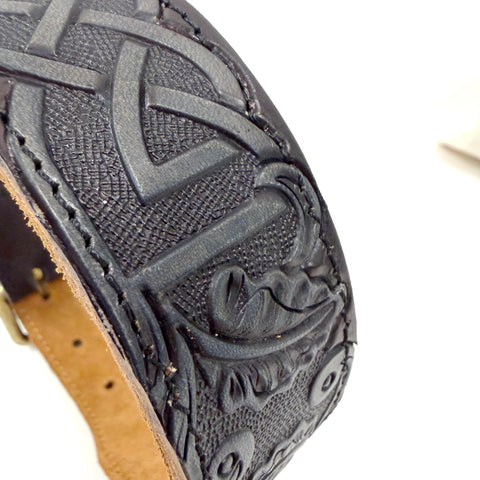 Heavy Leather Dog Collar Featuring Hand Carved Celtic Chain Design And Plush Suede Backing Tailored For Large Pooches 14 To 18 Inches Wide close-up of intricate carving