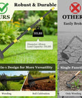 Comparison of heavy duty garden hoe with 60 inch adjustable handle, showing durability and versatility for weeding and lawn care.