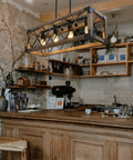 5 Light Rustic Farmhouse Linear Chandelier over kitchen island, 27 inch, wood and metal, in modern farmhouse style.