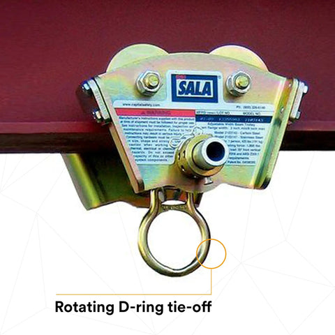 Heavy Duty I Beam Trolley For Self Retracting Lifeline Use With Fixed Rotating D Ring Mounts on beam, gold finish