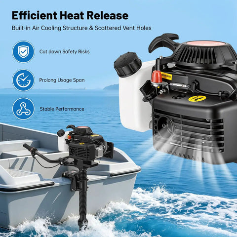 Powerful 4 Stroke 4HP Outboard Motor Short Shaft With CDI Ignition on inflatable boat, highlighting efficient heat release.