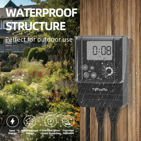 Heavy Duty Digital Outdoor Timer With Waterproof Dial Programming And Two Grounded Outlets On A 2 Ft Extension Cord, displayed in the rain.