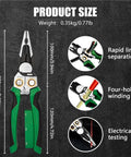 Heavy Duty 8-in-1 Wire Stripper Pliers With Built-In Voltage Tester size chart showing dimensions and features for electrical use.