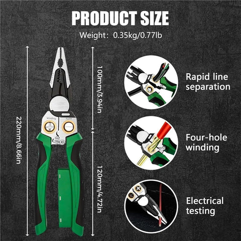 Heavy Duty 8-in-1 Wire Stripper Pliers With Built-In Voltage Tester size chart showing dimensions and features for electrical use.