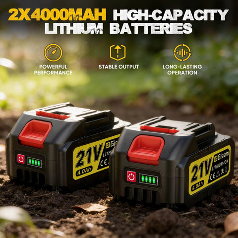 2x4Ah batteries for Beast Cordless Tiller Cultivator with LED display on soil background