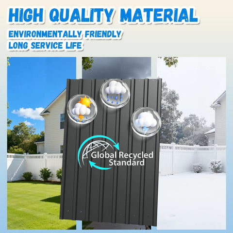8x6 Foot Outdoor Storage Shed With Sloped Roof Metal Garden Tool Shed panel with weather icons showing durability