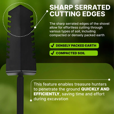 Close-up of Heavy Duty Metal Detecting Shovel With Double Serrated Blade For Treasure Hunting And Root Cutting T Handle Spade