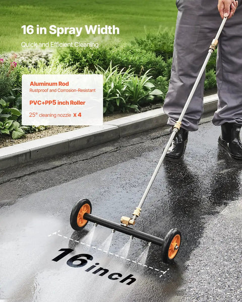 User operating 16 Inch Pressure Washer Undercarriage Cleaner Kit With 4000 PSI Stainless Steel Surface Cleaner on driveway