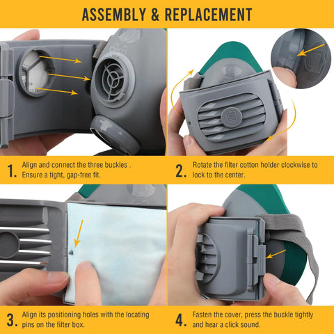 Step-by-step assembly of Reusable Half Face Respirator Mask with 2818 Silicone Dust Mask for Painting Cleaning and Sanding includes Six Filter Cotton Pads