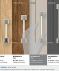 Comparison of cabinet pulls with various finishes; Satin Nickel Exceed Transitional Cabinet Pull Five And One Sixteenth Inch Center To Center pictured on right