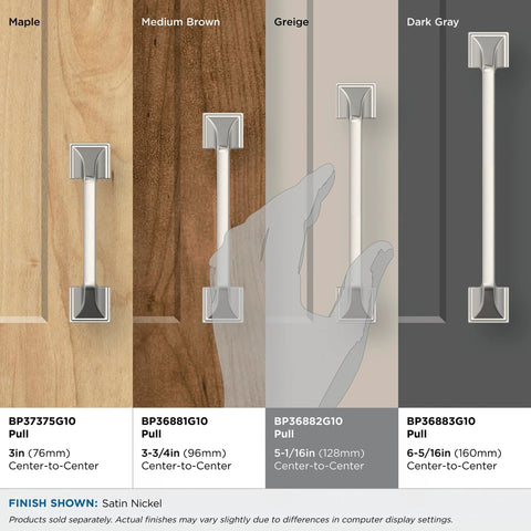 Comparison of cabinet pulls with various finishes; Satin Nickel Exceed Transitional Cabinet Pull Five And One Sixteenth Inch Center To Center pictured on right