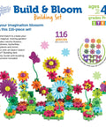 Gear Up And Bloom STEM Flower Building Set For Kids 3 To 5, 116-piece garden, colorful flowers and gears on white background