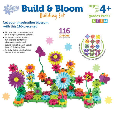 Gear Up And Bloom STEM Flower Building Set For Kids 3 To 5, 116-piece garden, colorful flowers and gears on white background