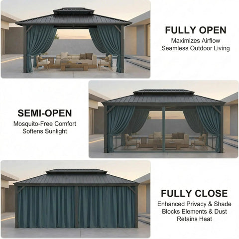 10x12 Hardtop Gazebo With Flame Retardant Curtain Netting Heavy Duty Pavilion With Galvanized Steel Double Roof And Aluminum Frame Outdoor Canopy For Patio Parties Backyards Weather Resistant 2025 Upgraded, fully open, semi-open, and fully closed configurations.