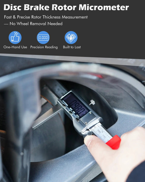Digital Brake Rotor Gauge And Caliper For Disc Brake Thickness No Wheel Removal showing measurement in progress
