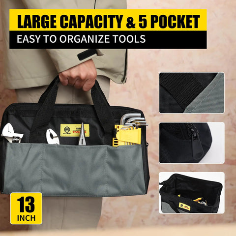 Person holding 13-inch wide mouth bag with tools from 142 Piece Home Tool Kit for repairs, featuring multiple pockets.