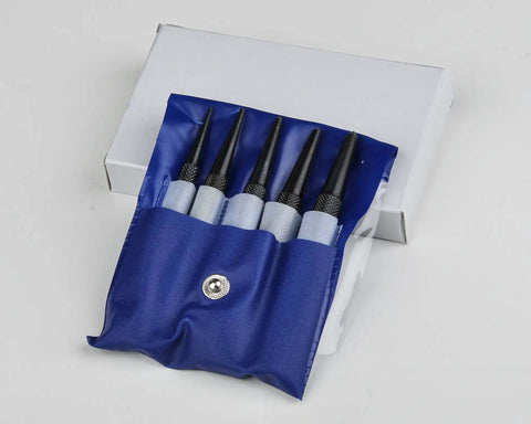 Center Punch 5 Piece Set for Metalworking, Pro Grade Chrome Alloy Steel With Hardened Ends, Black Nitrate Finish in blue case