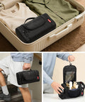 Hanging Toiletry Bag For Men And Women, Waterproof Nylon Dopp Kit With Multiple Compartments in suitcase, hand, open view