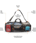 90L Mesh Duffle Bag for Scuba Gear featuring compartments: wet side pocket, main compartment, water resistance pocket.