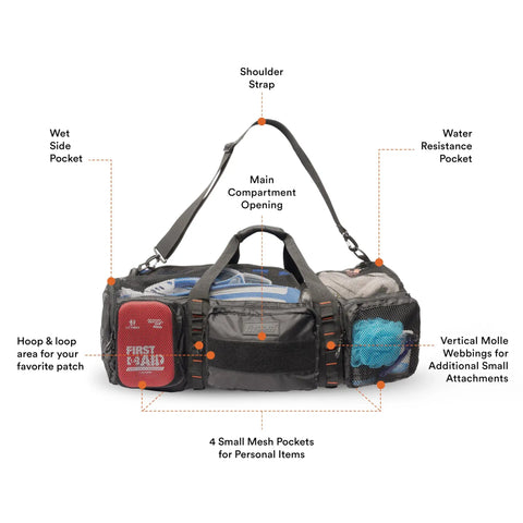 90L Mesh Duffle Bag for Scuba Gear featuring compartments: wet side pocket, main compartment, water resistance pocket.