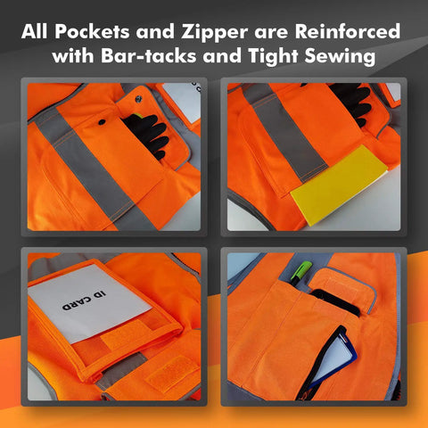 High Visibility Safety Vest With Nine Pockets Zipper Closure Padded Neck And 360 Degree Reflective Strips ANSI ISEA Type R Class 2 Yellow Size Large For Construction Roadwork And Outdoor Jobs