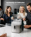 Solid Countertop Nugget Ice Maker Goes Hard On Rapid Cooling Spits Out Hella Chewable Pebble Chunks Quickly Generates Thirty Five Pounds Daily For Any Setup, with people enjoying drinks.