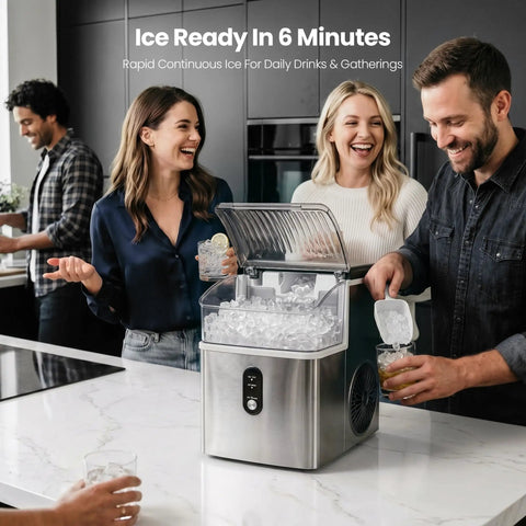 Solid Countertop Nugget Ice Maker Goes Hard On Rapid Cooling Spits Out Hella Chewable Pebble Chunks Quickly Generates Thirty Five Pounds Daily For Any Setup, with people enjoying drinks.