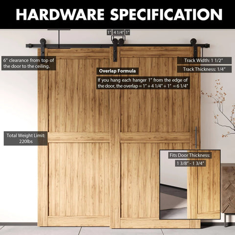 Diagram showing Black Rustic Single Track Bypass Sliding Barn Door Hardware Kit For Two Doors, specifications labeled, installed view.