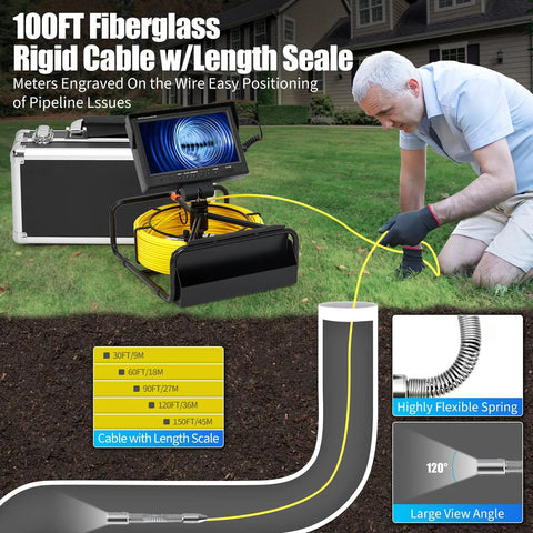 Badass 100 Foot Sewer Camera With A Big 9 Inch 1080p Screen And 512hz Wire Locator features 100FT fiberglass cable for plumbing.