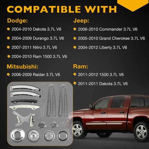 3.7L Engine Timing Chain Kit With VVT Sprockets Fits 2004-2012 Dodge Durango Jeep vehicles compatibility chart and kit components
