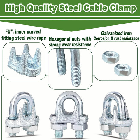 Zinc-plated steel U-bolt wire rope clamps with nuts; set of three, silver