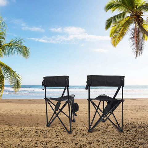 2 Pack Go-To Folding Tripod Camping Chairs With Backrest on beach, lightweight steel 3-leg stool, portable black chairs