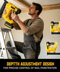 Zero Sweat 2 In 1 Cordless Brad Nailer Compatible With 20V Lithium Ion Batteries featuring depth adjustment design for nail control.