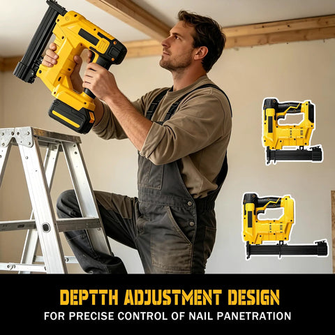 Zero Sweat 2 In 1 Cordless Brad Nailer Compatible With 20V Lithium Ion Batteries featuring depth adjustment design for nail control.