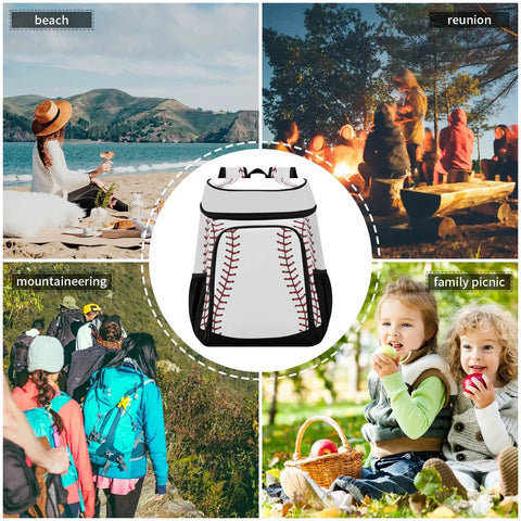 Sport Stripe Baseball Cooler Backpack With Insulated Leakproof Liner on beach, campfire, hiking, and picnic scenes