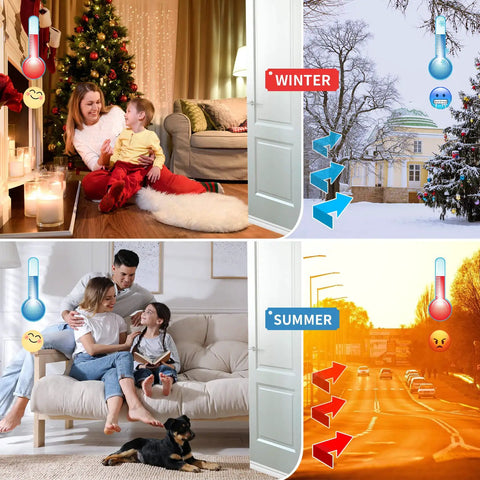 Ultimate Door Draft Stopper 2 Pack For Under Door Sweep Fits Interior And Exterior Doors Weather Stripping Seal Silicone Draft Guard For Noise Reduction And Cold Air Insulation 2 In W X 39 In L Grey shown reducing drafts in winter and summer scenes.