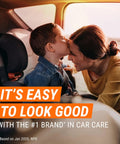Mother and child in car, smiling, with text about top car care brand; relevant to Leather Care Gel For Cars Trucks And Motorcycles Interior Cleaner And Conditioner That Cleans Conditions And Protects Genuine Leather From Heat Sunlight And Humidity 18 Fl Oz.