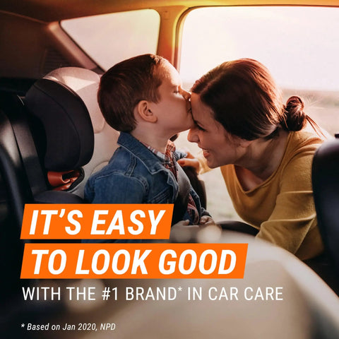Mother and child in car, smiling, with text about top car care brand; relevant to Leather Care Gel For Cars Trucks And Motorcycles Interior Cleaner And Conditioner That Cleans Conditions And Protects Genuine Leather From Heat Sunlight And Humidity 18 Fl Oz.