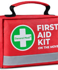 General Medi red compact first aid kit bag with white cross logo, handle, and reflective gray band.