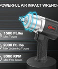 Heavy Duty 1/2 Inch Air Impact Wrench With 1500 Ft-Lbs Torque, 8000 RPM, 4.74 Lb Weight, twin hammer, max torque display