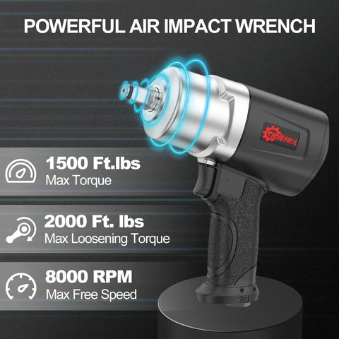 Heavy Duty 1/2 Inch Air Impact Wrench With 1500 Ft-Lbs Torque, 8000 RPM, 4.74 Lb Weight, twin hammer, max torque display