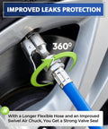 Tire air chuck with 360° swivel connected to car tire, focus on heavy duty tire inflator with gauge and extra long hose pro grade air chuck 100 PSI range and accurate to two percent easy read dial for cars trucks SUVs and portable air compressors.