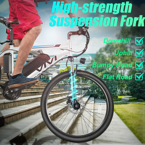 Kick Back And Roll Easy 26 Inch Electric Bike For Adults With 500W Brushless Motor and 48V Removable Battery showcasing high-strength suspension fork.
