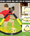 Backyard Kids Soccer Goal Set 2 Pack 4x3 Ft Portable Pop Up Net With Soccer Ball And Cones Complete Training Equipment For Youth And Toddlers Easy Setup For Outdoor Fun And Team Practice, shown folded with boy leaning on goal.