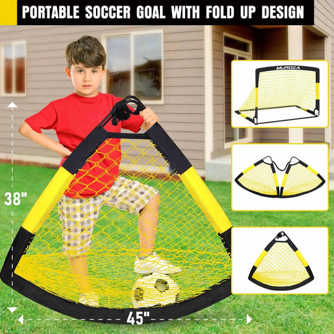 Backyard Kids Soccer Goal Set 2 Pack 4x3 Ft Portable Pop Up Net With Soccer Ball And Cones Complete Training Equipment For Youth And Toddlers Easy Setup For Outdoor Fun And Team Practice, shown folded with boy leaning on goal.